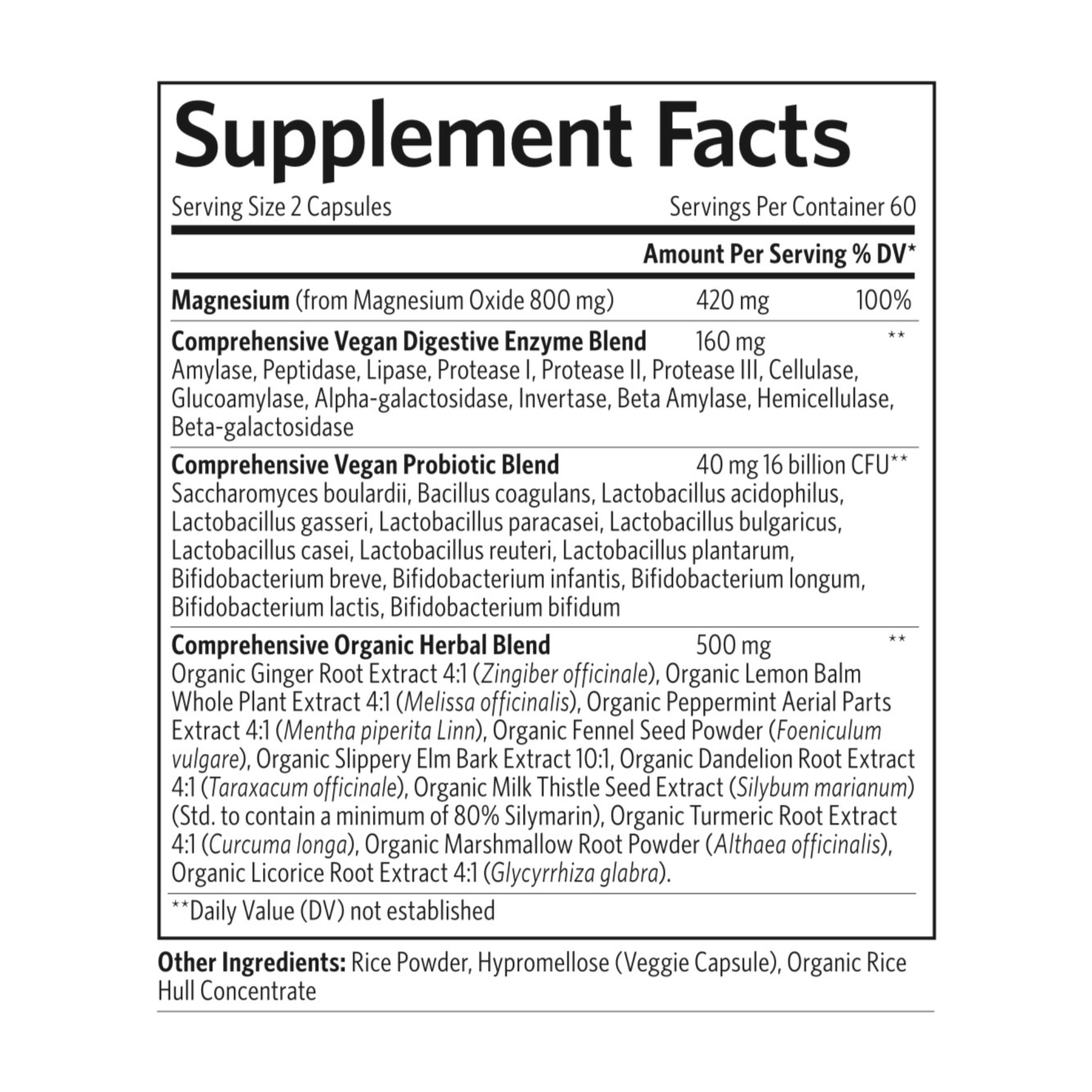 Supplement facts label with detailed ingredient list on a white background
